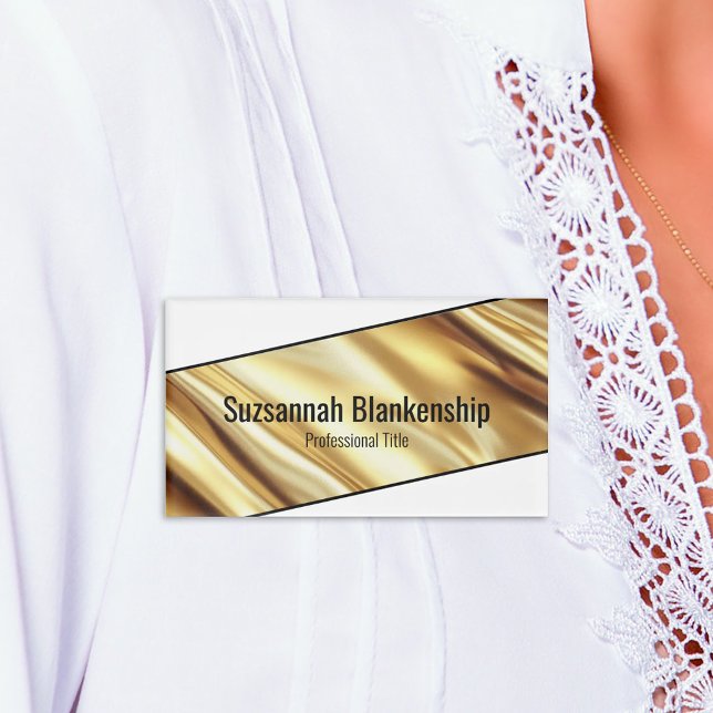 Badge D'identification Professional Luxury Gold Ribbon Black Text (Luxurious gold ribbon on white name tag)