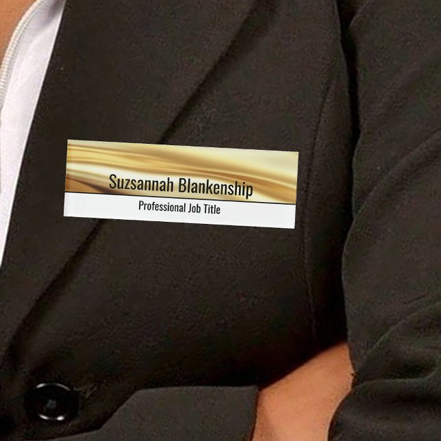 Badge D'identification Professional White & Luxurious Gold Ribbon Custom (Luxurious gold ribbon top and white bottom professional name tag on jacket)