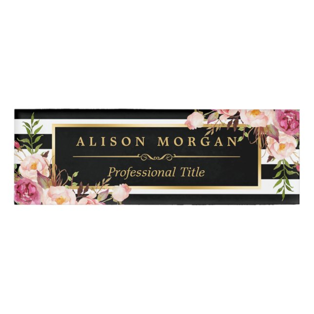 Badge D'identification Rayures blanches noires de emballage florales (Devant)