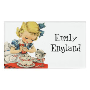 Badge D'identification Rétro Anniversaire Fille Cake Cat Enfants Artwork