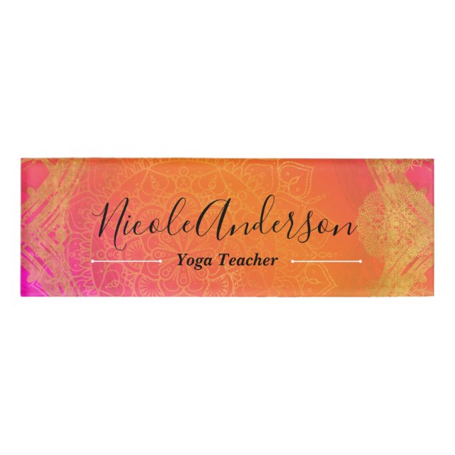 Badge D'identification Rose Fuchsia Orange Or Indien Mandala Mariage (Devant)