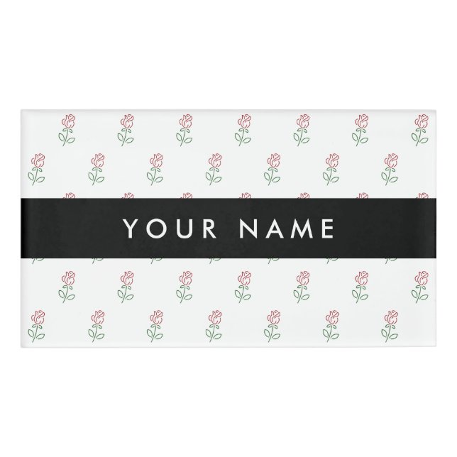 Badge D'identification Roses Rouges, Motif De Roses, Votre Nom (Devant)