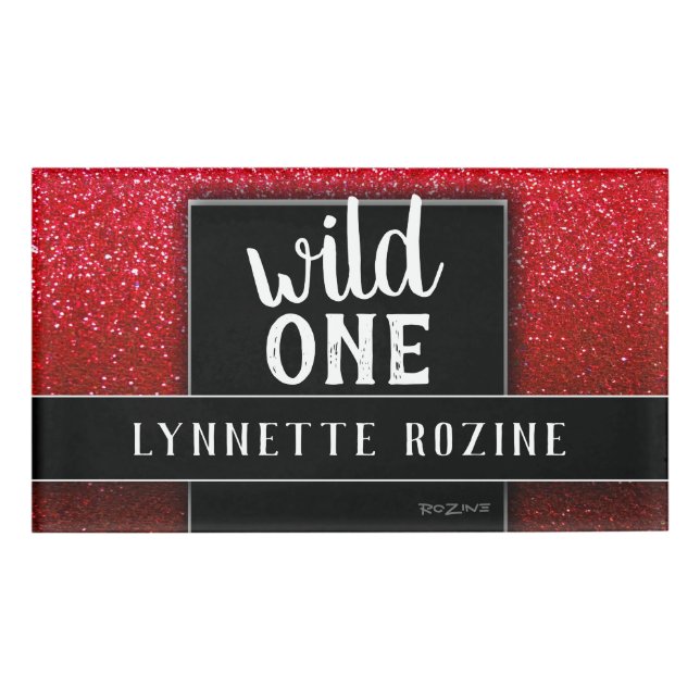 Badge D'identification Rouge Rubis Paillettes Noir et Blanc Wild One (Devant)