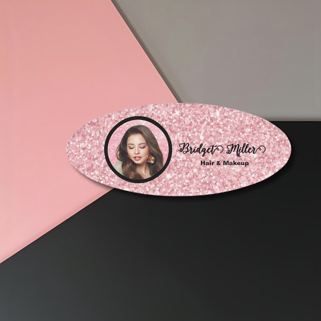 Badge D'identification Salon de coiffure pailleté blush élégant script ph (Créateur téléchargé)