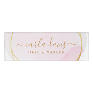 Badge D'identification Signature de script Rose poudré Aquarelle Cercle O