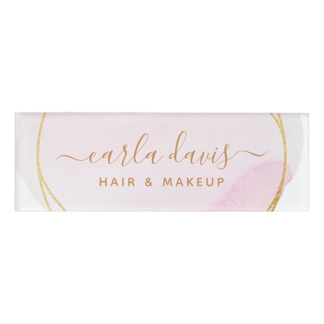 Badge D'identification Signature de script Rose poudré Aquarelle Cercle O (Devant)