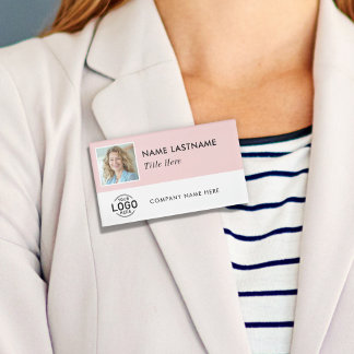 Badge D'identification Square Photo Logo Blush Pink White Magnetic Large