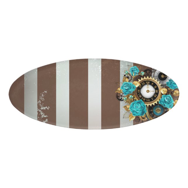Badge D'identification Steampunk Clock and Turquoise Roses on Striped (Devant)