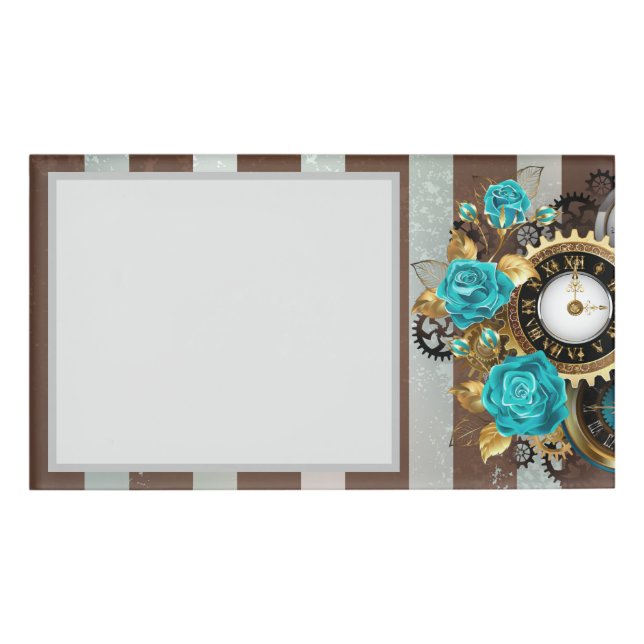Badge D'identification Steampunk Clock and Turquoise Roses on Striped (Devant)