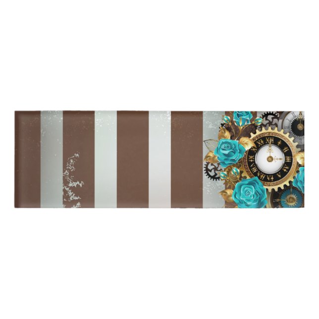 Badge D'identification Steampunk Clock and Turquoise Roses on Striped (Devant)