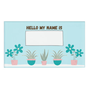 Badge D'identification Succulents et fleurs turquoises