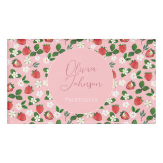 Badge D'identification Sweet Strawberries Flowers Watercolor Floral