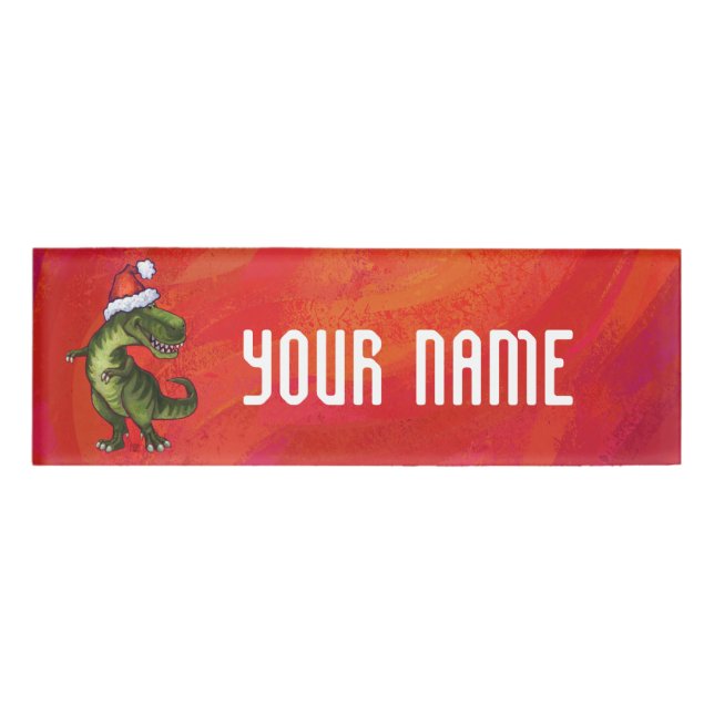 Badge D'identification TRex Dino à Santa Hat sur Red (Devant)