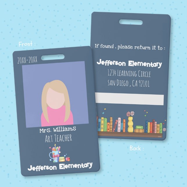 Badge d'identification vertical bleu pour professe (Art Teacher blue vertical photo ID badge . )