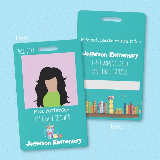 Badge d'identification vertical photo sarcelle pou (Teacher teal vertical photo ID badge .)