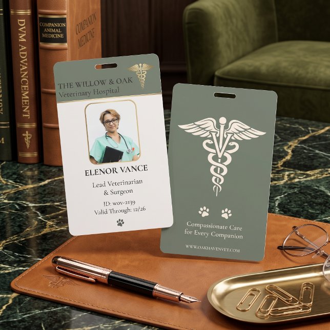 Badge d'identification vétérinaire de luxe DVM Pho (Luxury Veterinary ID Badge DVM Photo Caduceus Sage Green 
)