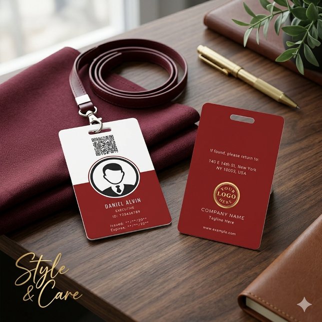 Badge d'identité élégant blanc et rouge profond po (Elegant White and Deep Red Employee ID Badge)