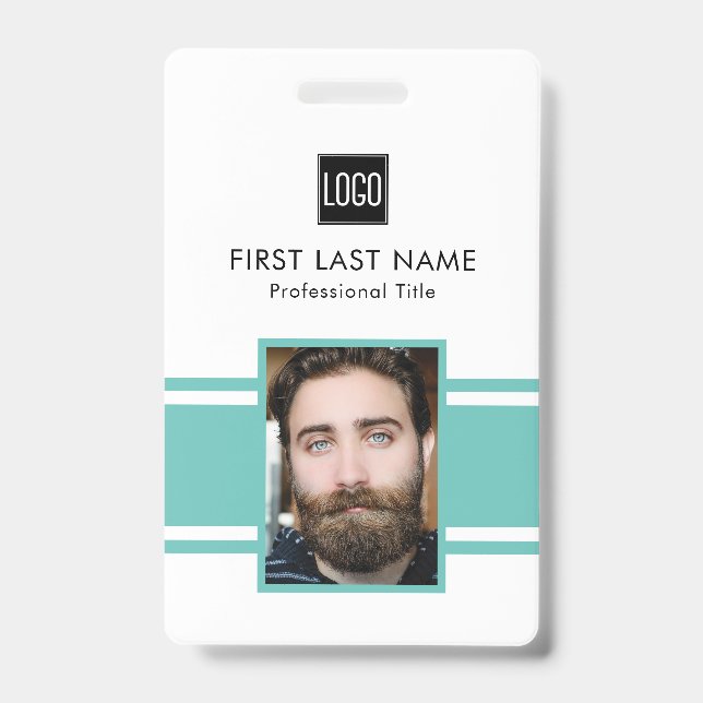 Badge d'identité personnalisé sarcelle et blanc po (Avant)
