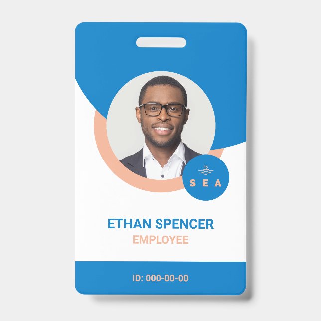 Badge d'identité photo d'employé moderne bleu et o (Avant)
