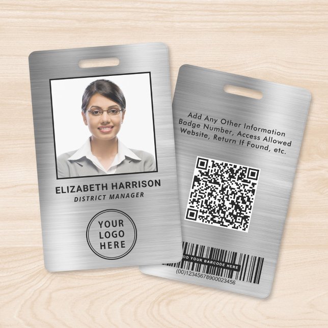 Badge d'identité professionnel QR Code Bar Code Ar (Business Logo QR Bar Code Silver Employee Photo ID Badge)