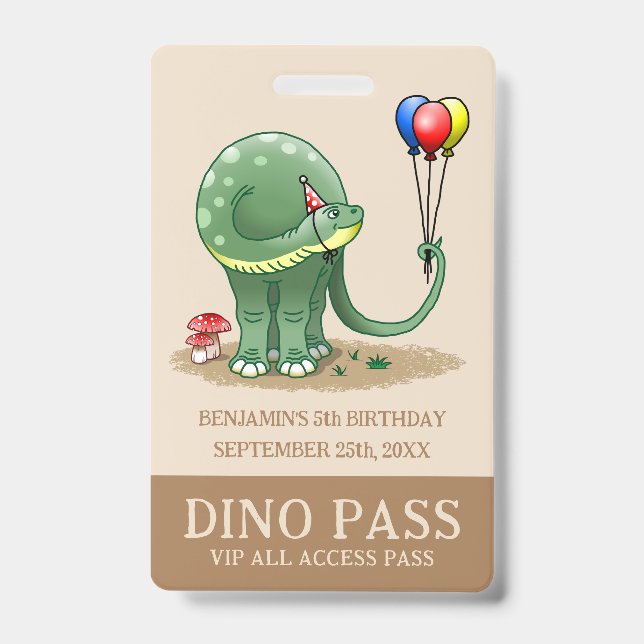 Badge Dinosaure tenant des ballons d'anniversaire (Avant)