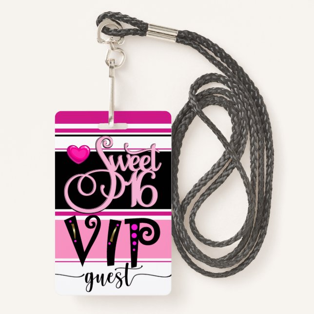 Badge d'invité Sweet 16 VIP révisé - Voir retour (Devant avec lanière)