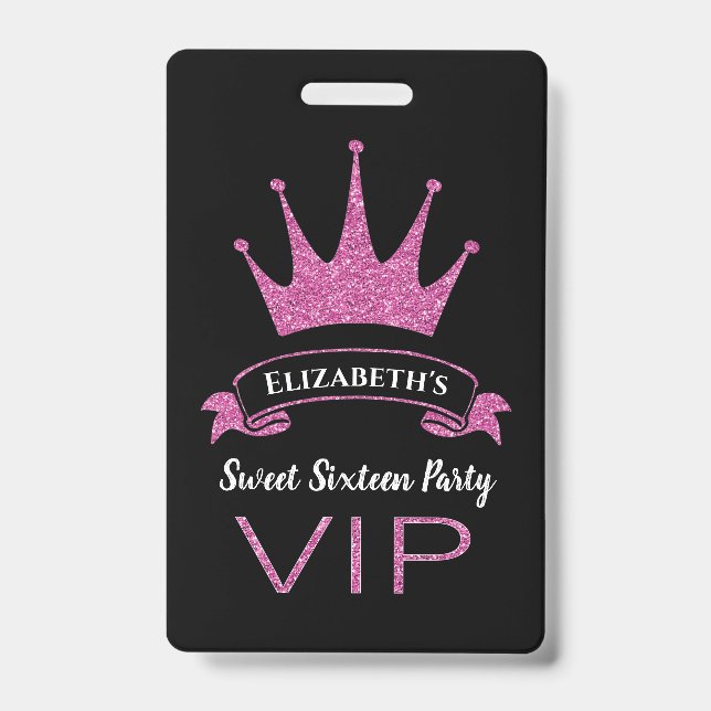 Badge Douce Seize Ans Paillettes Rose VIP Personnalisé (Avant)