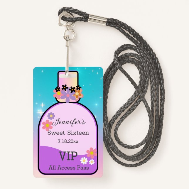 Badge doux 16 floral bouteille de parfum holographique é (Devant avec lanière)