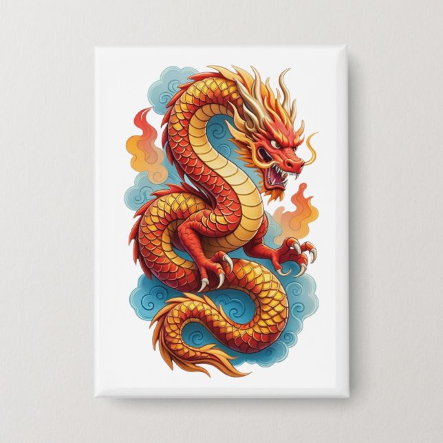 Badge Dragon Rouge Chinois Illustration Fougueuse-67561 (Recto)