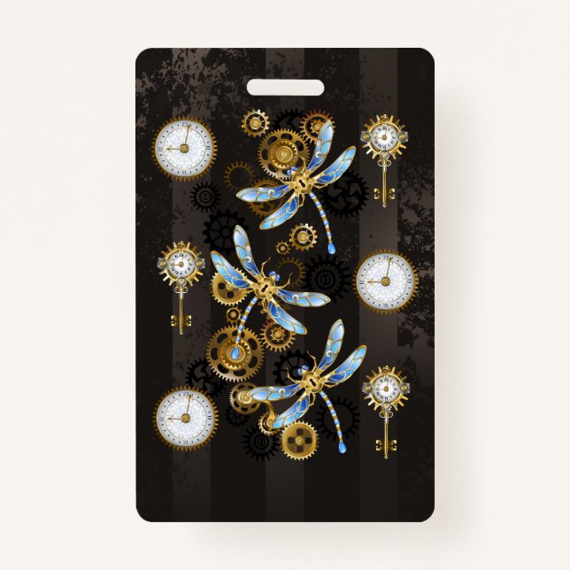Badge Dragonflies de Steampunk sur arrière - plan rayé b (Devant)