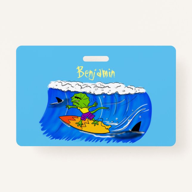 Badge Drôle caricature de surf de lézard au cou (Devant)