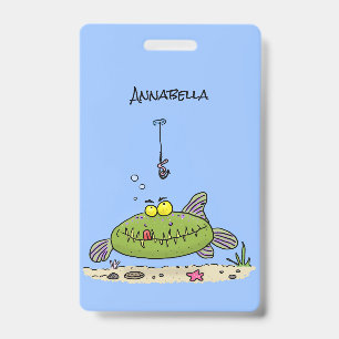 Badge Drôle gras affamé poisson vert dessin de pêche