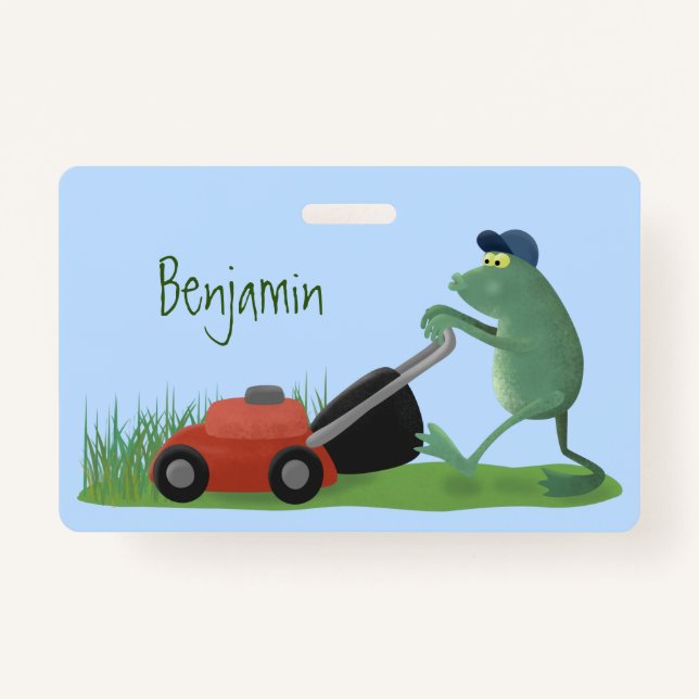Badge Drôle grenouille verte tondre la pelouse dessin (Devant)