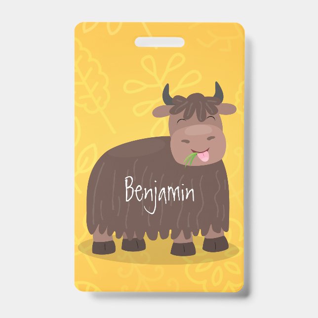 Badge Drôle joyeux yak mangeant de l'herbe dessin d'illu (Avant)