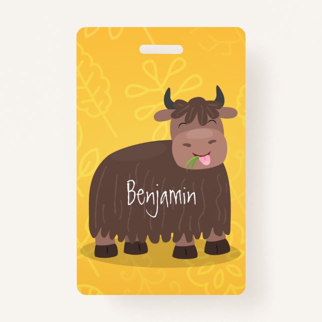 Badge Drôle joyeux yak mangeant de l'herbe dessin d'illu (Devant)