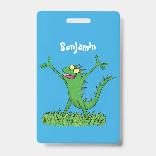 Badge Drôle vert souriant animé lézard d'iguane