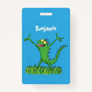 Badge Drôle vert souriant animé lézard d'iguane