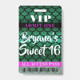 Badge Écaille de Sirène Verte Passe VIP Fête Douce 16 No
