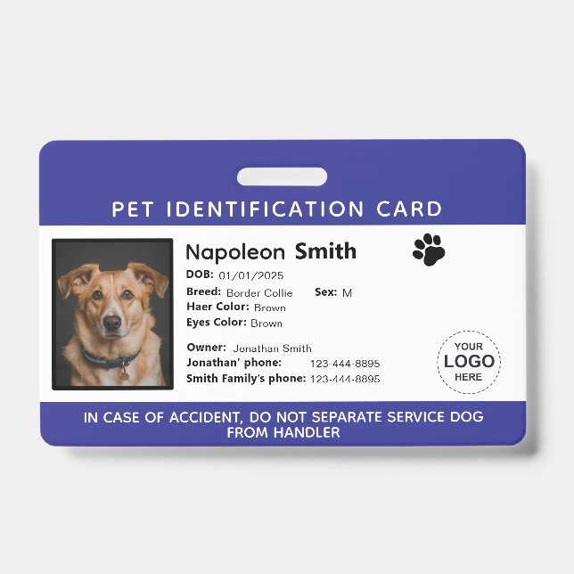 Badge Editable Pet ID Card ,Navy White Service Dog Logo (Front)