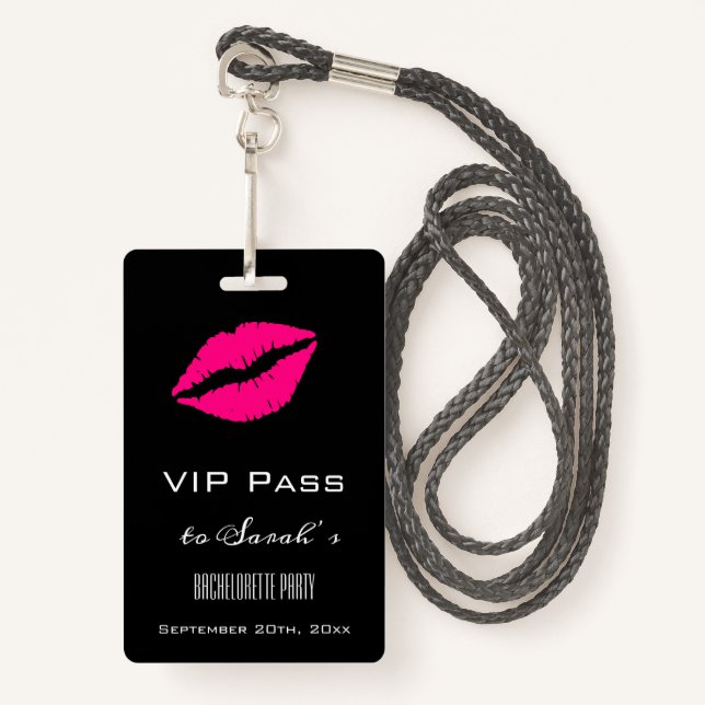 Badge Élégant Black Pink Kiss Bachelorette Party Access (Devant avec lanière)