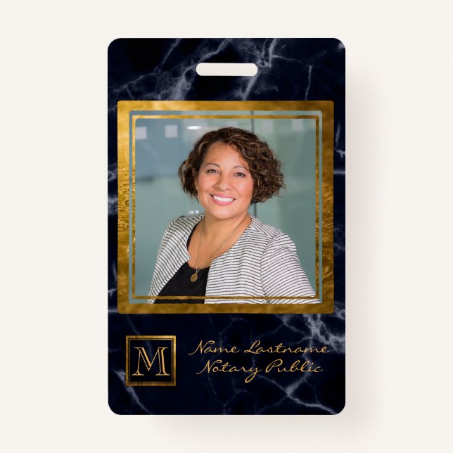 Badge Élégant Carré bleu marine Monogramme or Notaire (Devant)