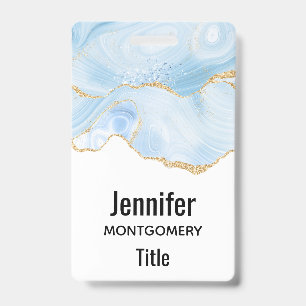 Badge Élégant Cool Bleu Agate avec ruban Parties scintil