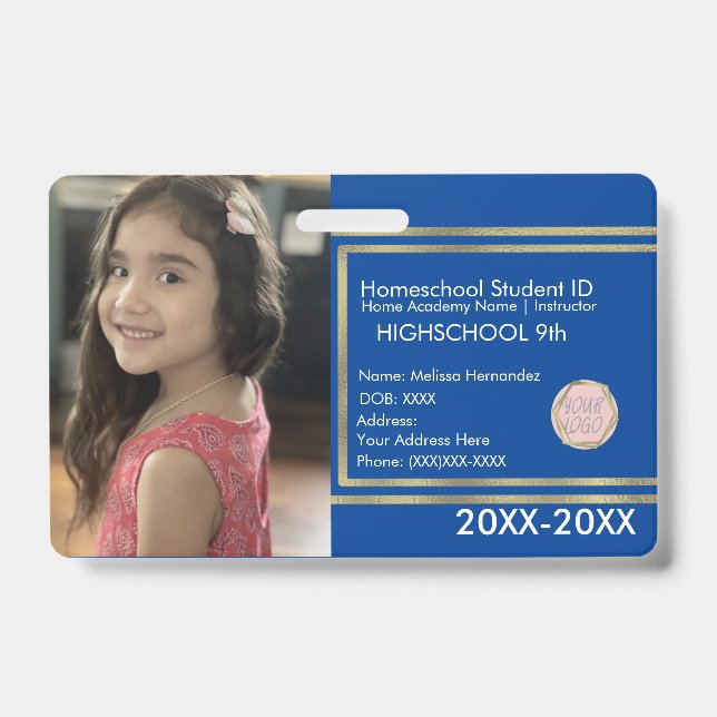 Badge Élégant Homeschooling School ID Blue Gold Logo (Front)