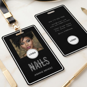 Badge Élégant NAILS Tech Noir Blanc Photo Lanière 