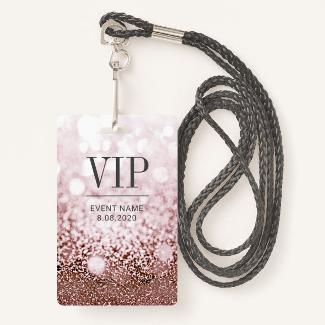 Badge Élégant Rose d'accès VIP Parties scintillant Gold  (Devant avec lanière)