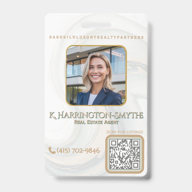 Badge Elegant Sage Gold Realtor Photo ID/QR Code Contact (Avant)