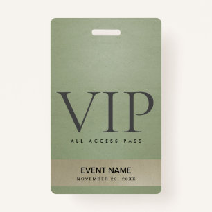 BADGE ÉLÉGANT VERT PALE OR VIP ÉVÉNEMENT ACCÈS PASS