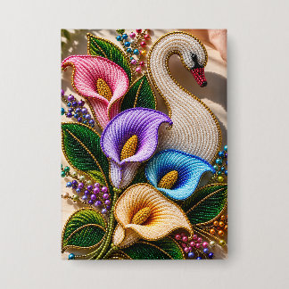 Badge Élégante œuvre d'art florale au cygne perlé