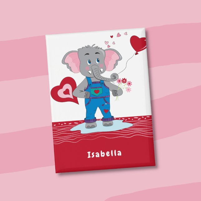 Badge Éléphant de la Saint-Valentin Rouge et Blanc Bouto (Valentine's Day red and white kid rectangular button with a cartoon elephant carrying flowers . )