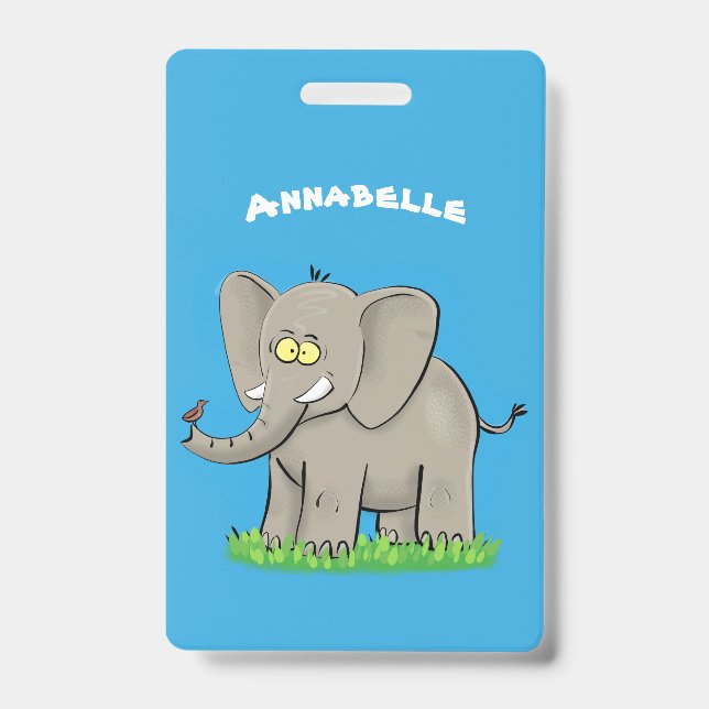 Badge Éléphant drôle mignon avec oiseau sur le nez dessi (Avant)